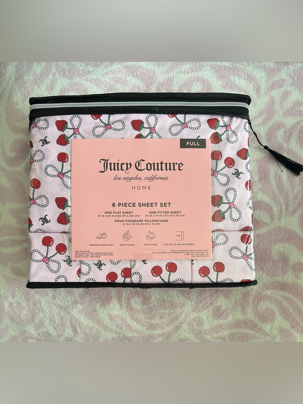 Juicy Couture 6 Piece Full Sheet Set Cherry Strawberry Bows New